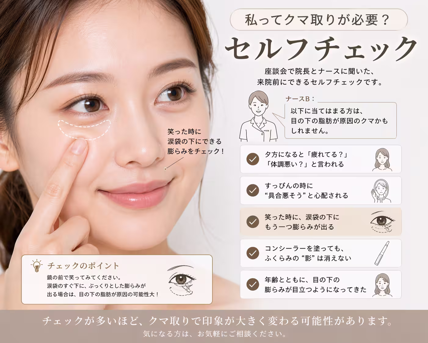 セルフチェックイラスト:鏡で目の下を確認している女性。チェック項目付き
